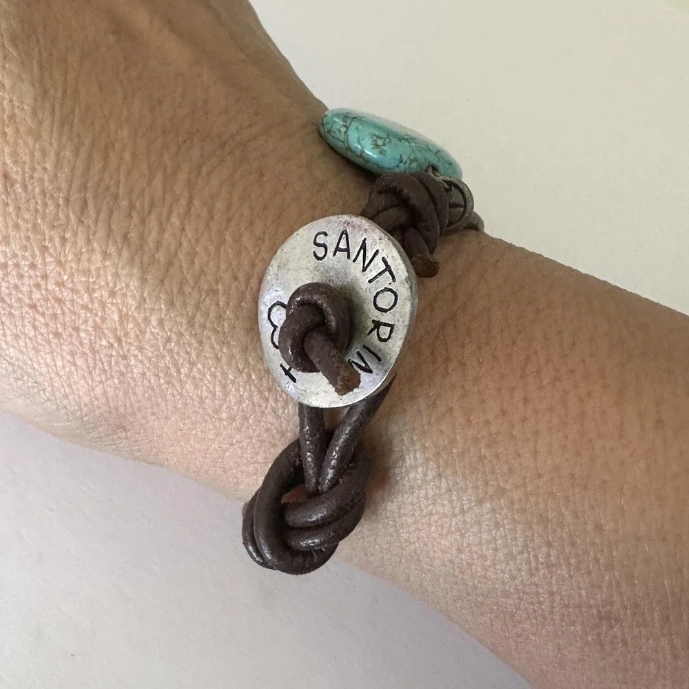 Santorini Bracelet Brown Leather Turquoise Charm‎ 7 Inch Blue Toggle Love